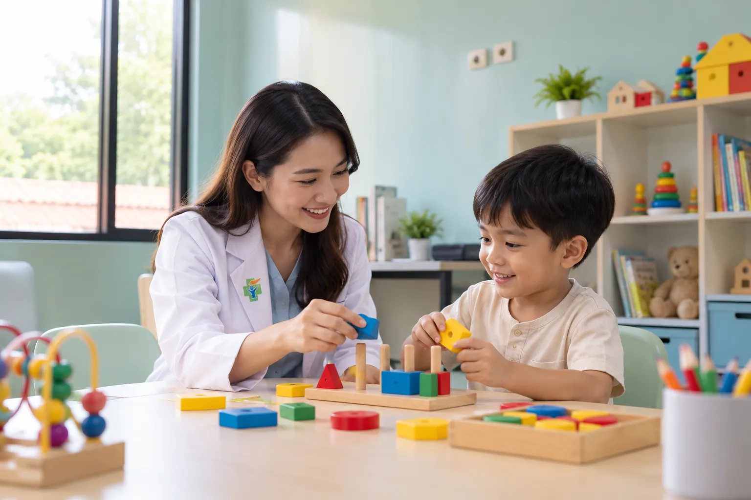Terapis Klinik Talenta Center sedang mendampingi anak bermain dan belajar